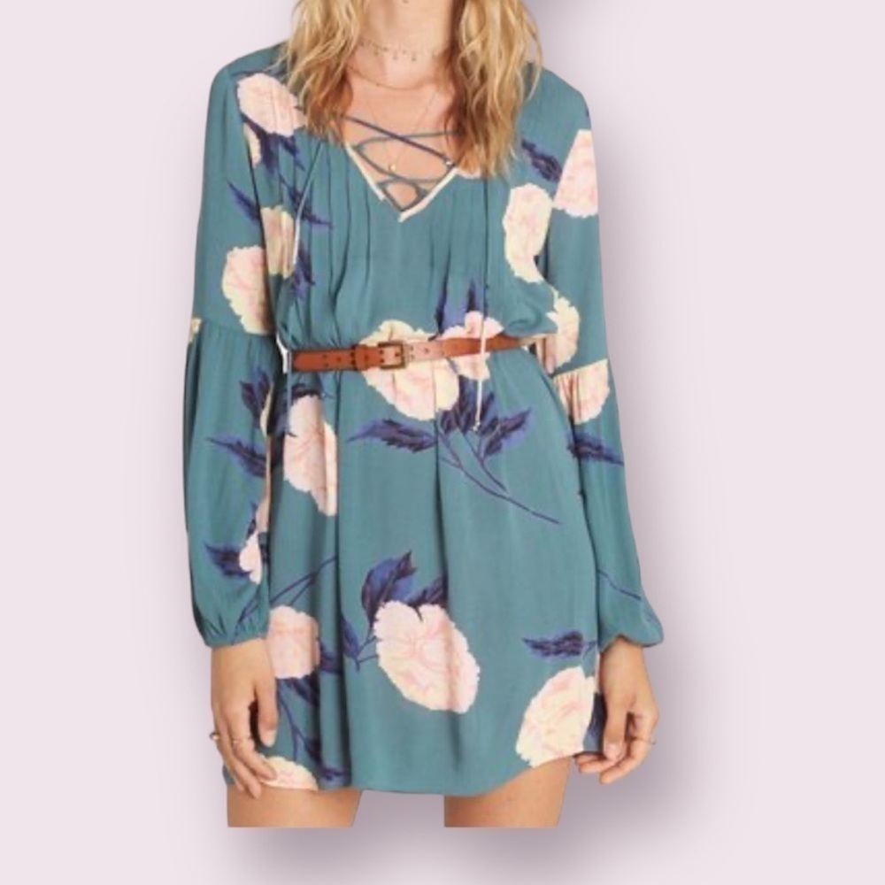 BILLABONG Just Like You Dress Womens Rayon Boho Floral Tunic Mini Dress Size S/P